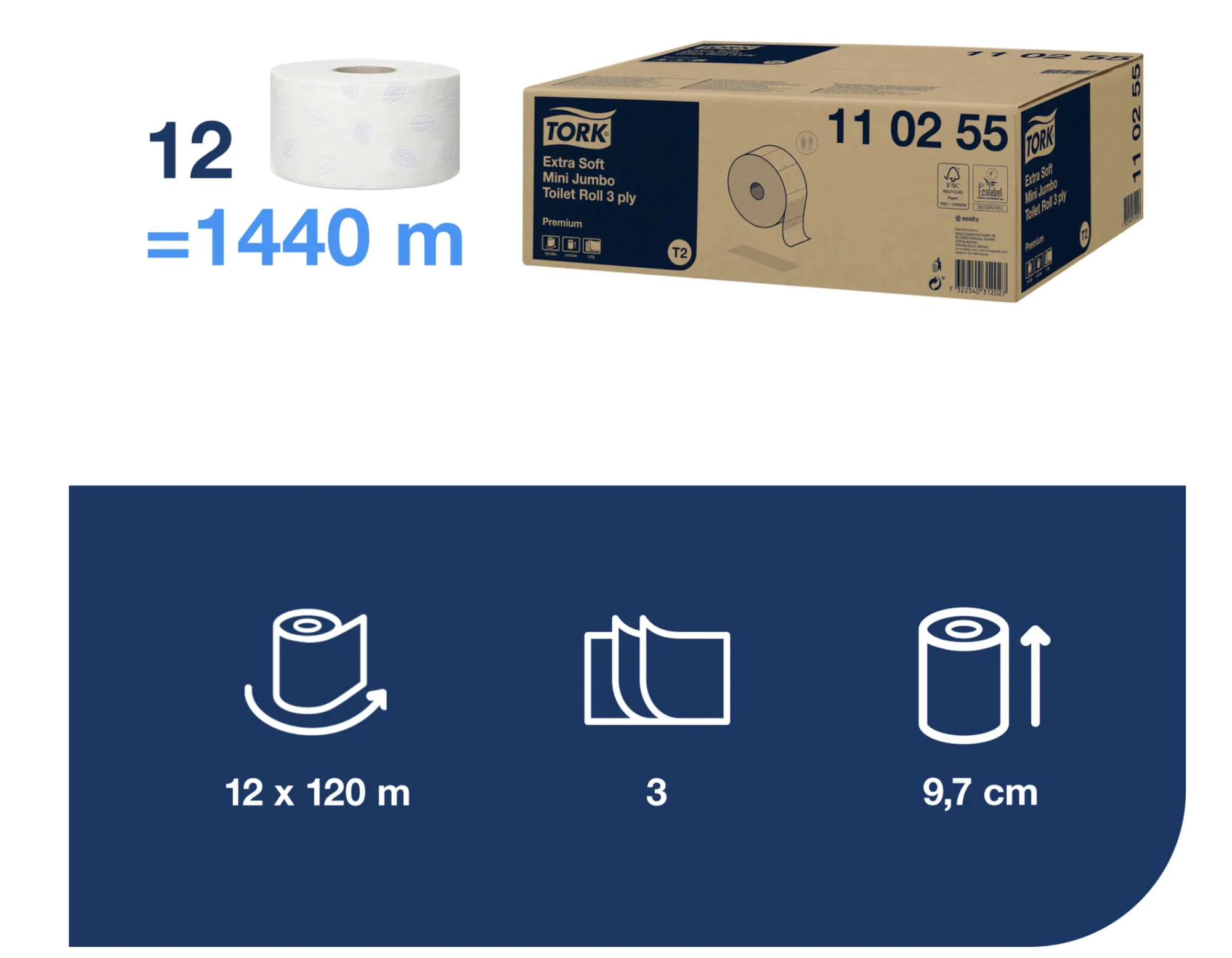 110255 Tork toaletný papier Mini Jumbo Premium, T2, 3-vrst., biely, 120 m (12 ks:krt) roin 2.png