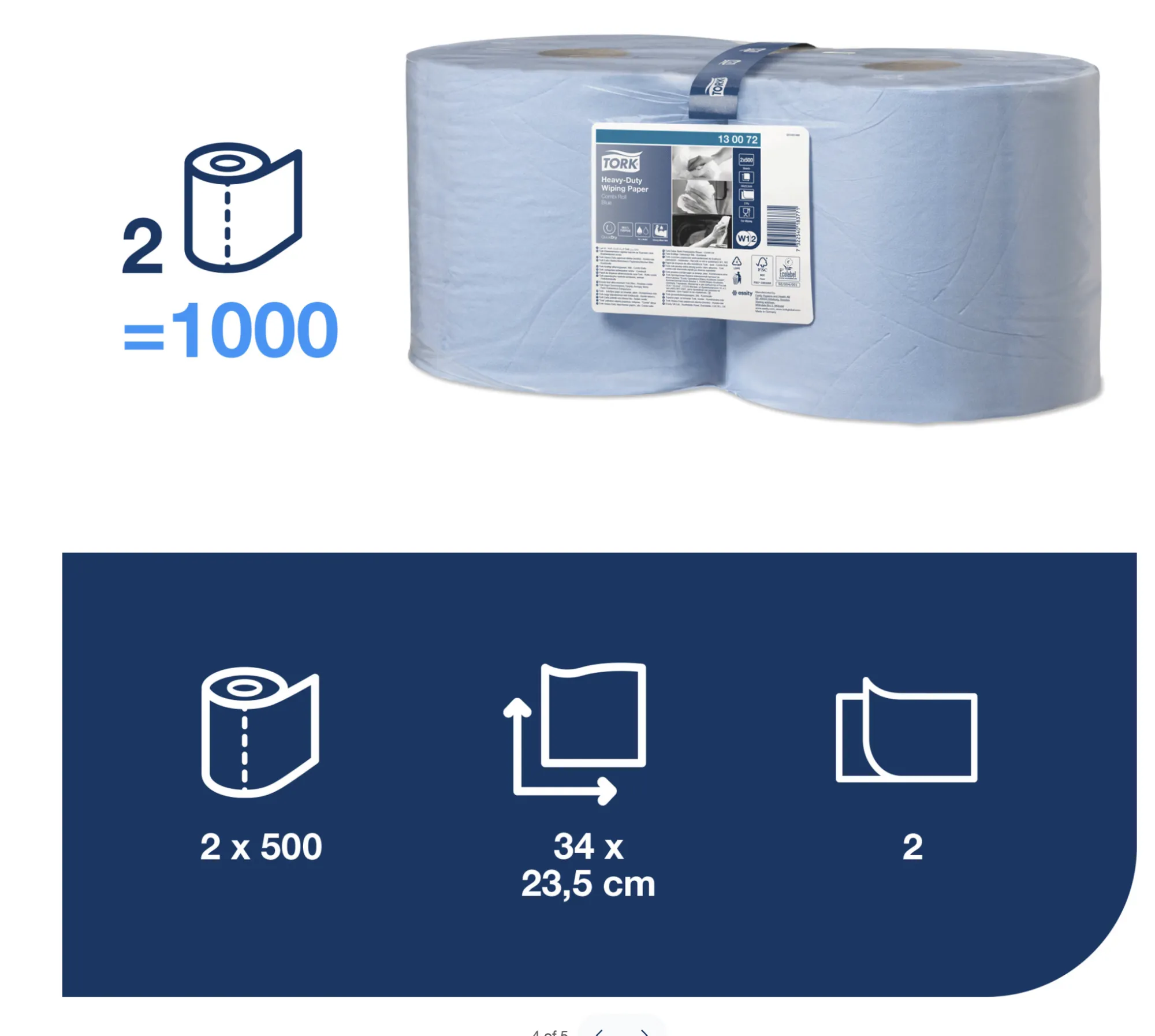 130072 Tork Heavy-Duty čistiace utierky papierové W1:W2, 2-vrst., modré, 500 útržkov (2 ks:krt) 3 roin.png