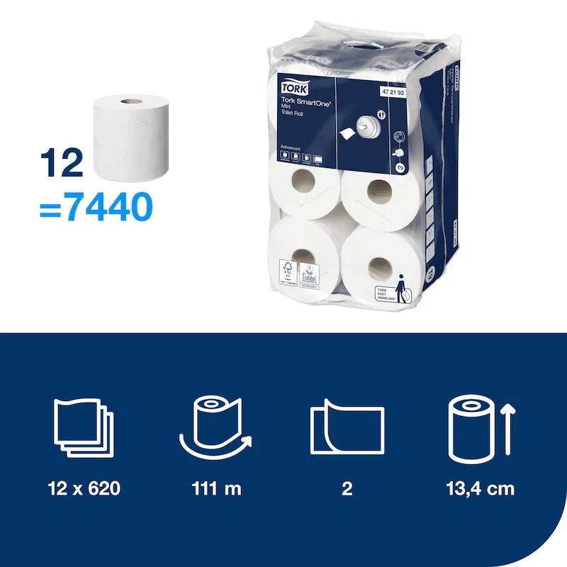 472193 Tork SmartOne® Mini toaletný papier v kotúči Advanced, T9, 2-vrst., biely, 620 útržkov (12 ks:krt) _2.jpg