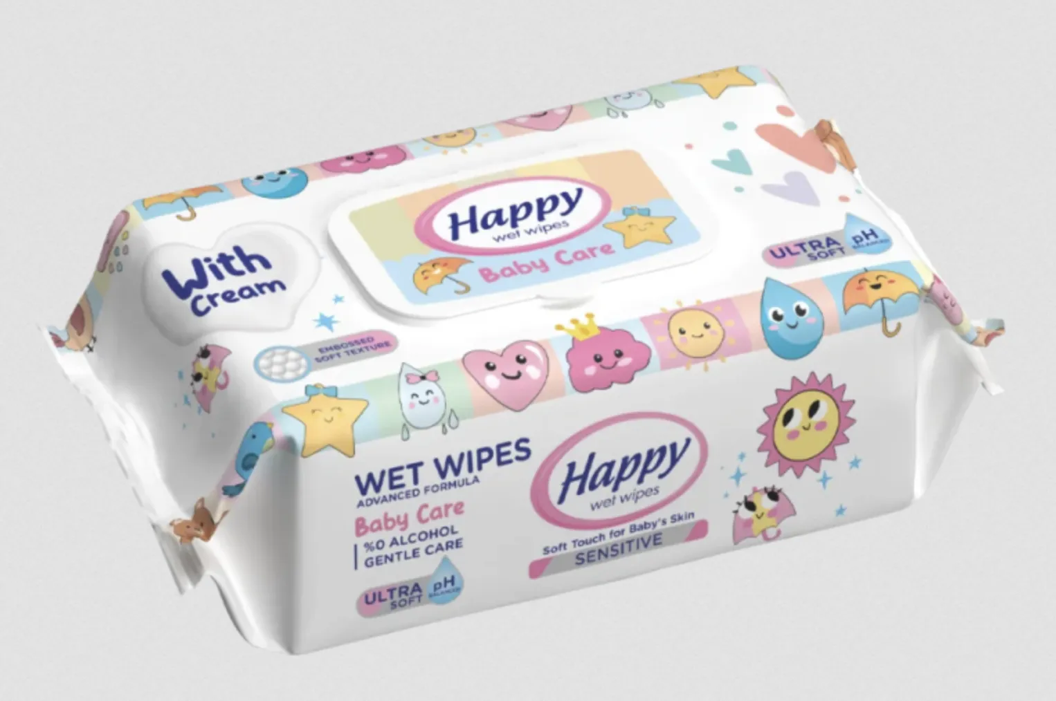 Happy vlhčené utierky Baby Care with Cream, 80 ks roin