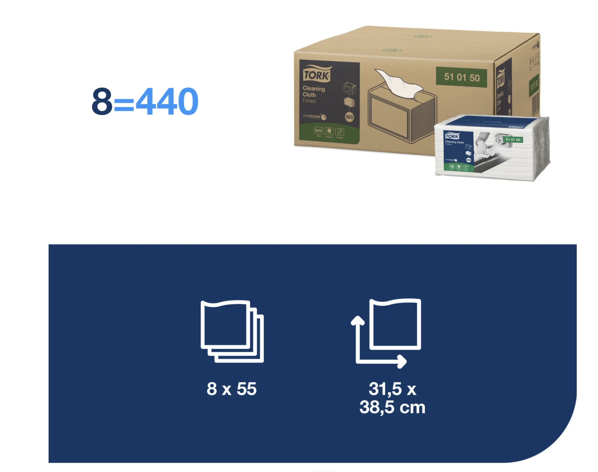 510150 Tork skladané čistiace utierky z netkanej textílie W8, skladané, biele (55 ks:bal) roin 1.png