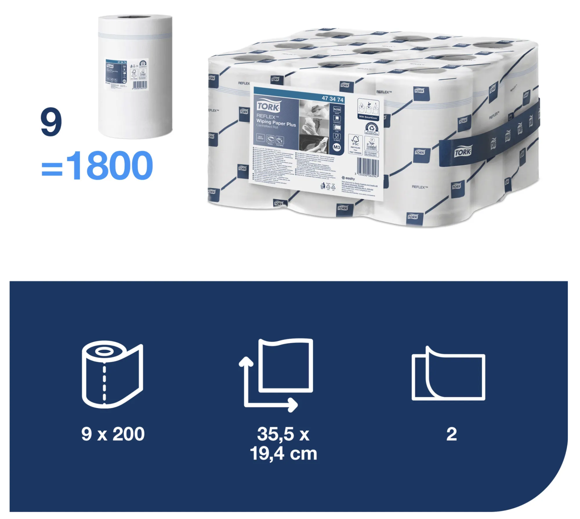 473474 Tork Reflex™ papierové utierky Plus so stredovým odvinom M3, 2-vrst., biele, 67 m (9 ks:krt) roin 4.png