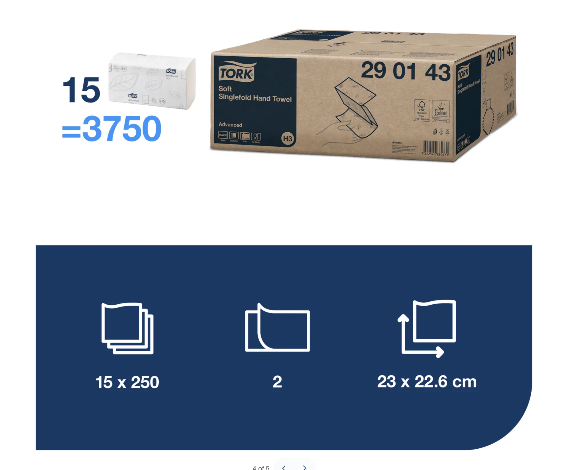 290143 Tork Singlefold papierové utierky Advanced, H3, V-sklad, 2-vrst., biele (15 x 250 ks:krt) roin 2.png