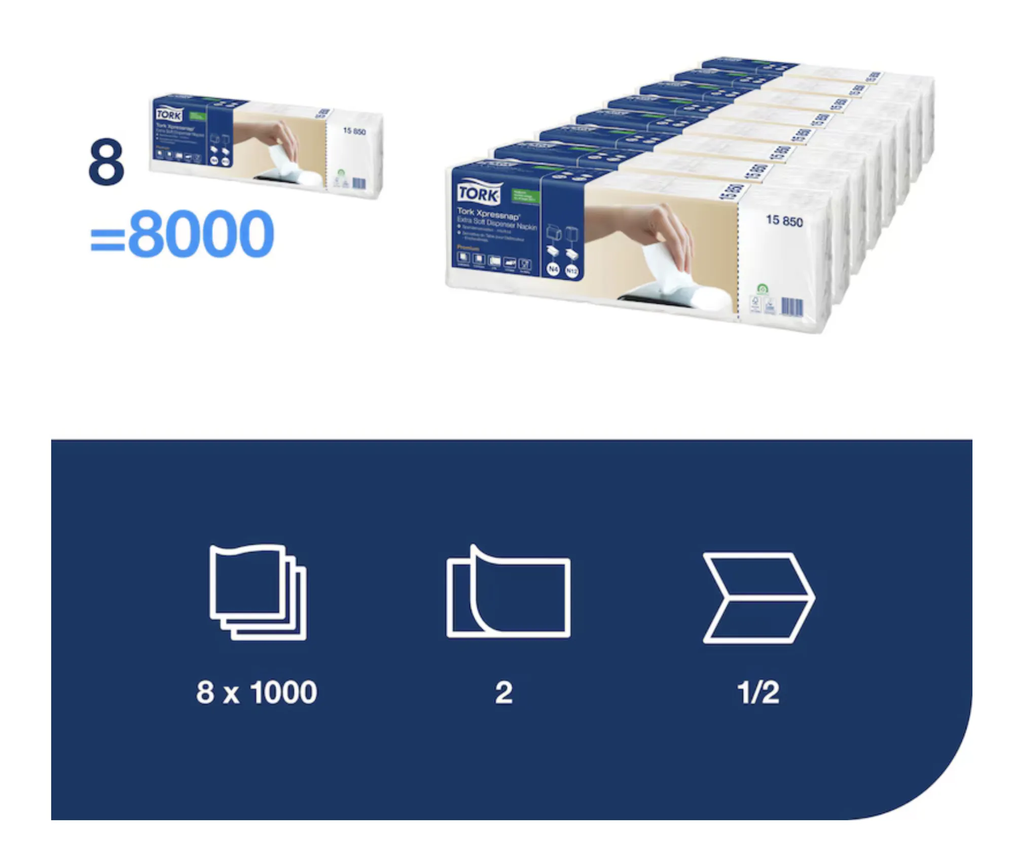 15850 Tork Xpressnap® Premium servítky do zásobníka N4, 2-vrst., biele, 1:2 sklad (8 x 1000 ks:krt)_1.png