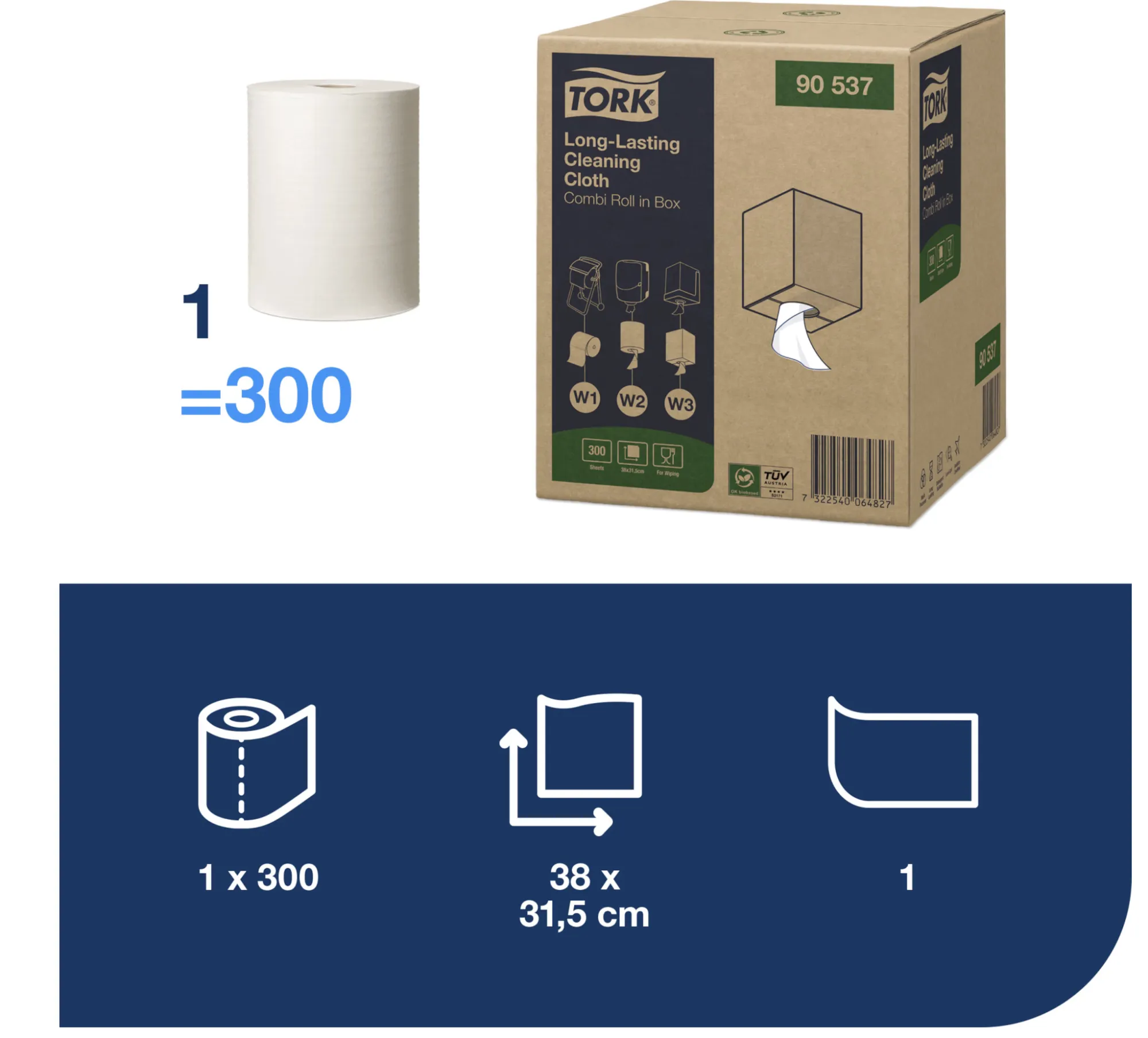 90537 Tork Long-Lasting čistiace utierky z netkanej textílie W1:W2:W3, v rolke, biele, 300 útržkov roin 4.png