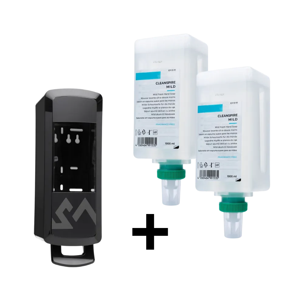 Jemné penové mydlo Cleanspire Mild 2 x 1000 ml + manuálny dávkovač DENALI-M čierny ROIN